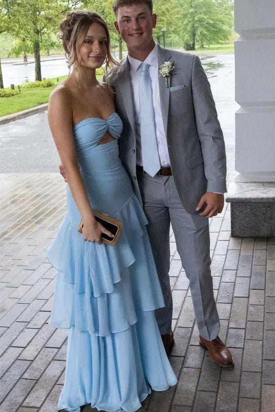 Lumidress Blue Strapless Ruffle Chiffon Floor-Length Prom Party Dress