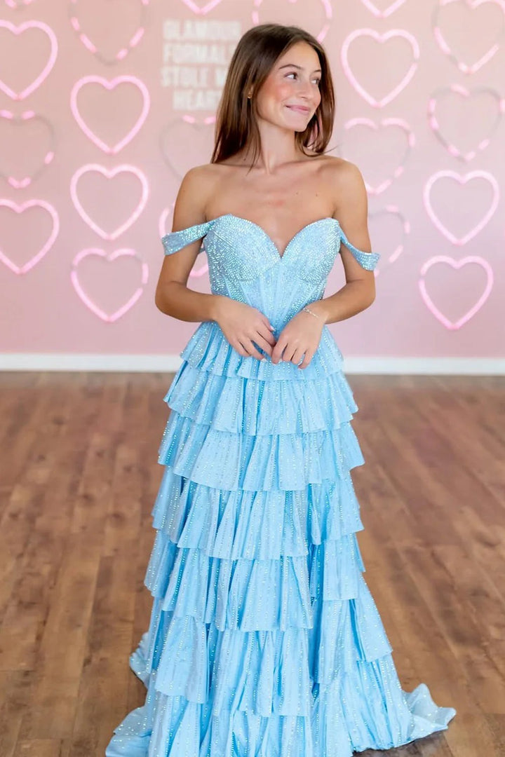 Lumidress Sky Blue Off-the-Shoulder Tiered Ruffle Mermaid Prom Gown with High Slit