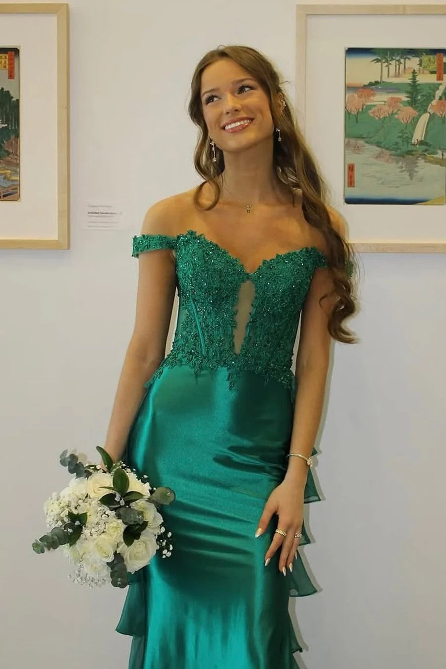 Lumidress Emerald Off-the-Shoulder Mermaid Prom Dress with Beaded Lace and Cascading Ruffles