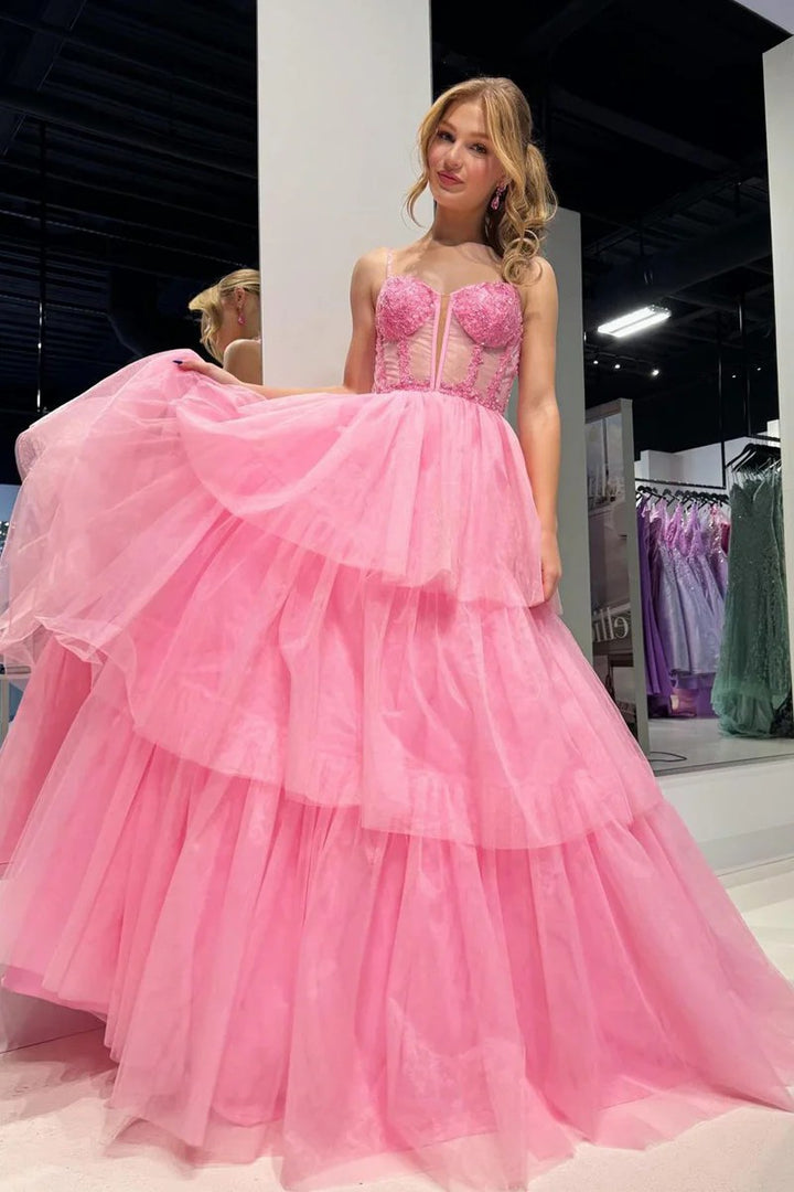 Lumidress Blush Pink Sweetheart A-Line Prom Dress with Layered Tiered Tulle
