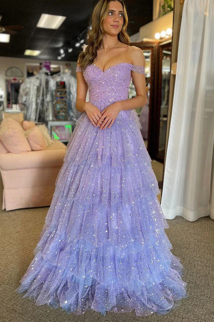 Lumidress Lavender Off-the-Shoulder A-Line Tiered Ruffles Tulle Prom Dress