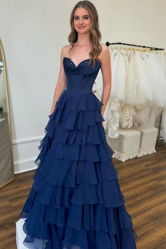 Lumidress Lavender Strapless Ruffled Layered A-Line Evening Gown with Slit
