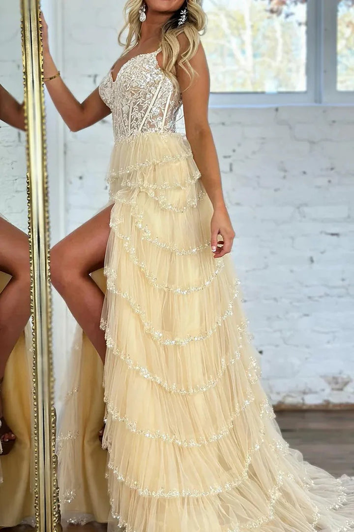 Lumidress Champagne Lace Corset Tiered Tulle Ball Gown with High Slit