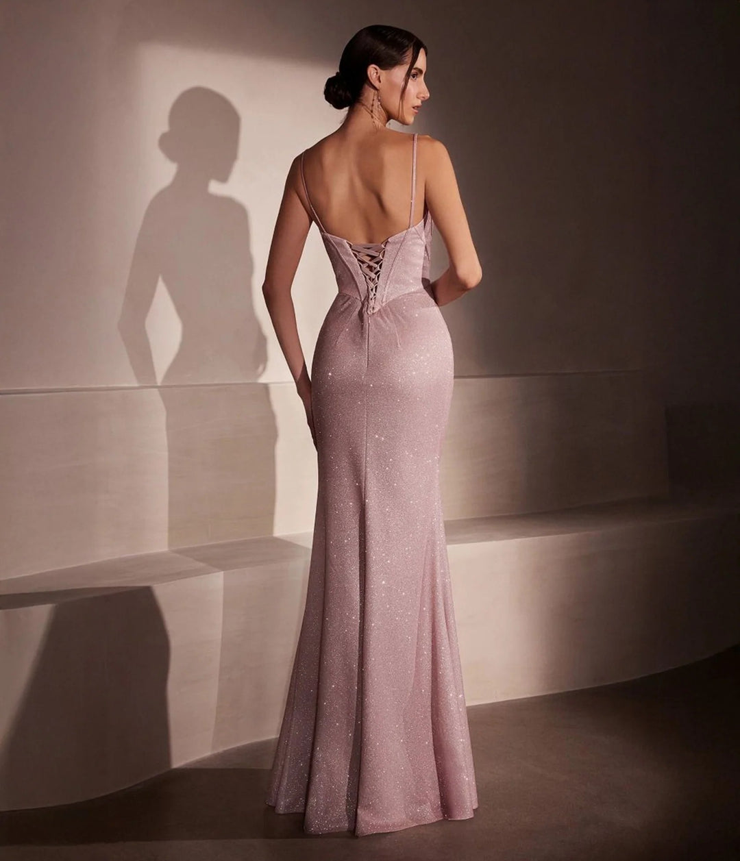 Lumidress Dusty Rose Spaghetti Straps Glitter Mermaid Fitted Slit Prom Gown