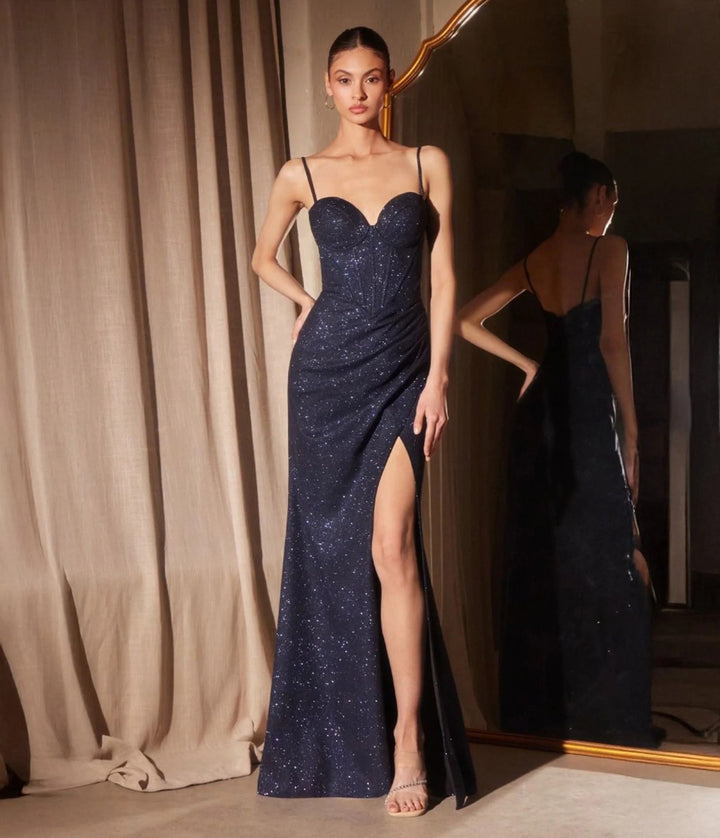 Lumidress Dusty Rose Spaghetti Straps Glitter Mermaid Fitted Slit Prom Gown