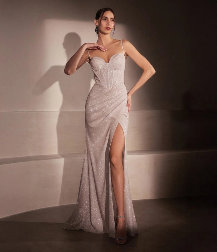 Lumidress Dusty Rose Spaghetti Straps Glitter Mermaid Fitted Slit Prom Gown