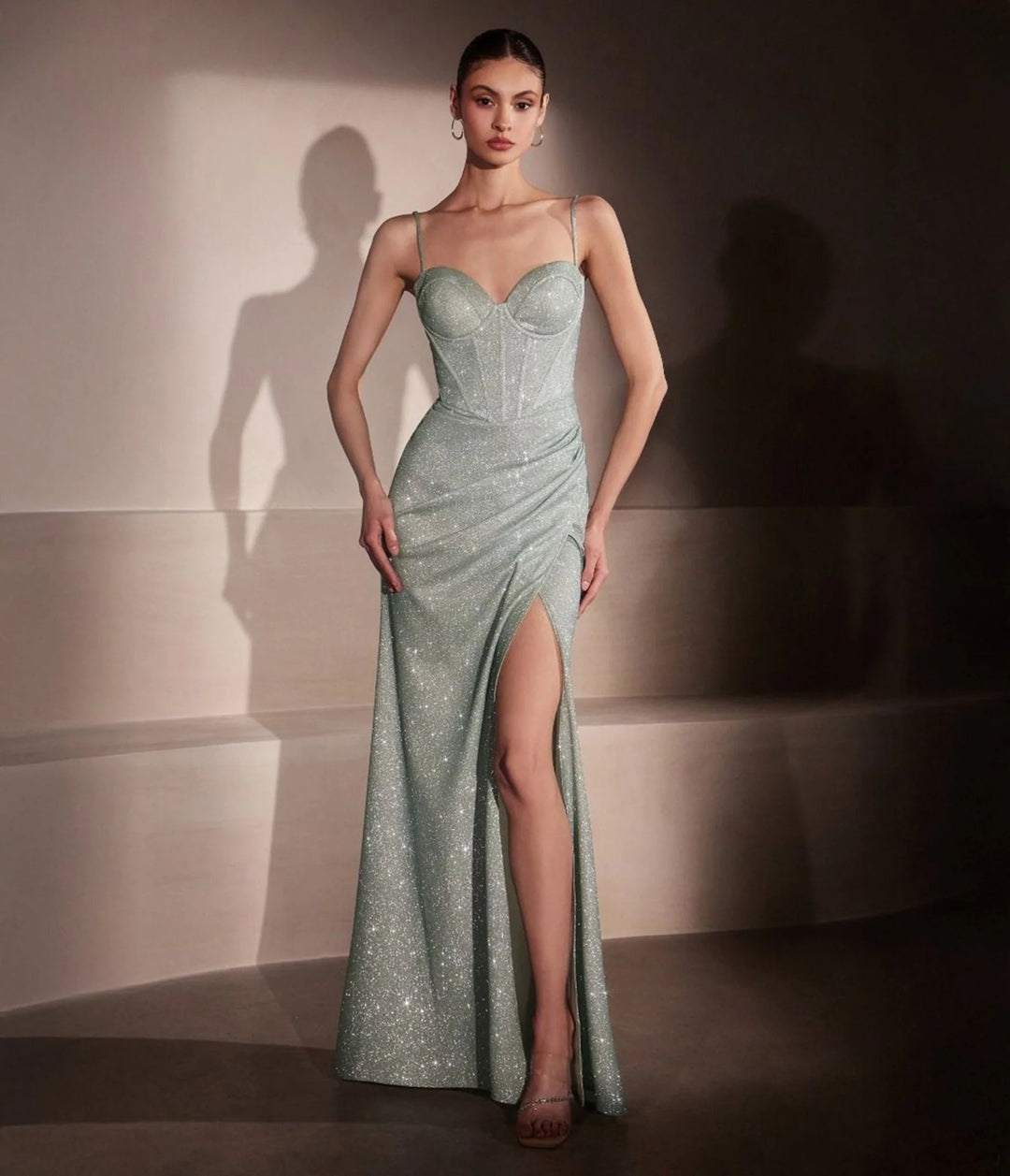 Lumidress Dusty Rose Spaghetti Straps Glitter Mermaid Fitted Slit Prom Gown