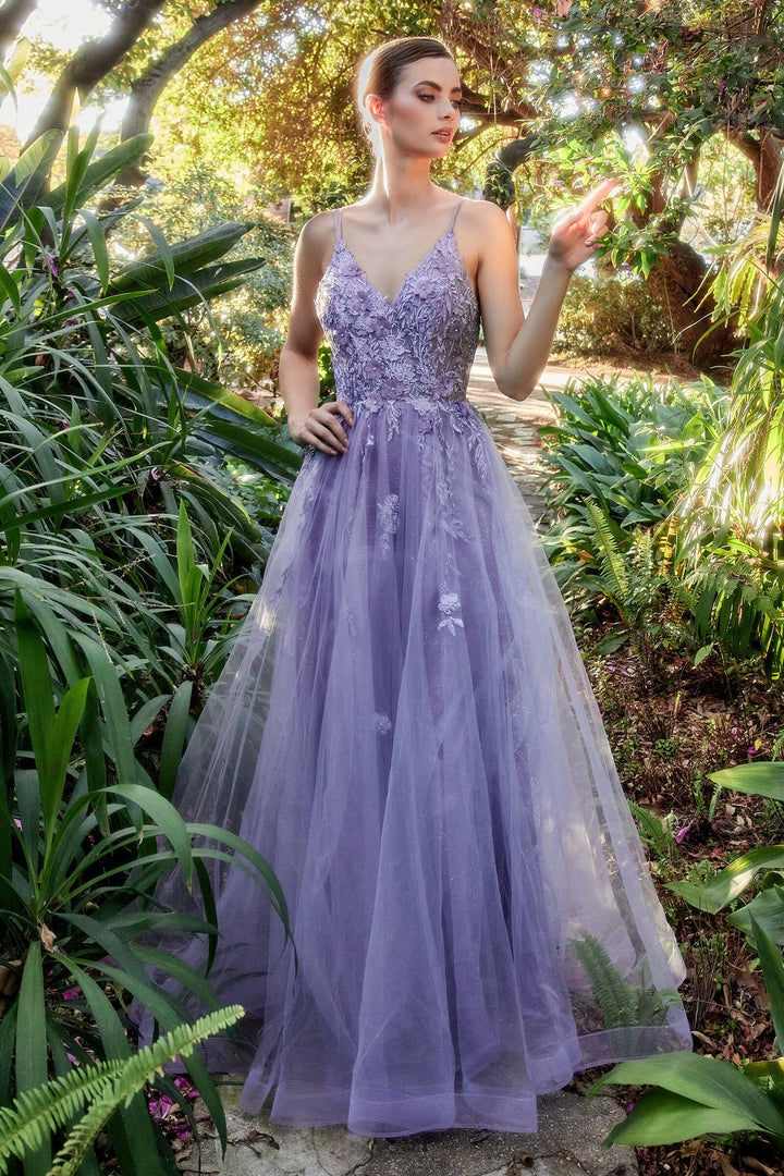 Lumidress 3D Floral Applique V-Neck A-Line Tulle Slit Gown
