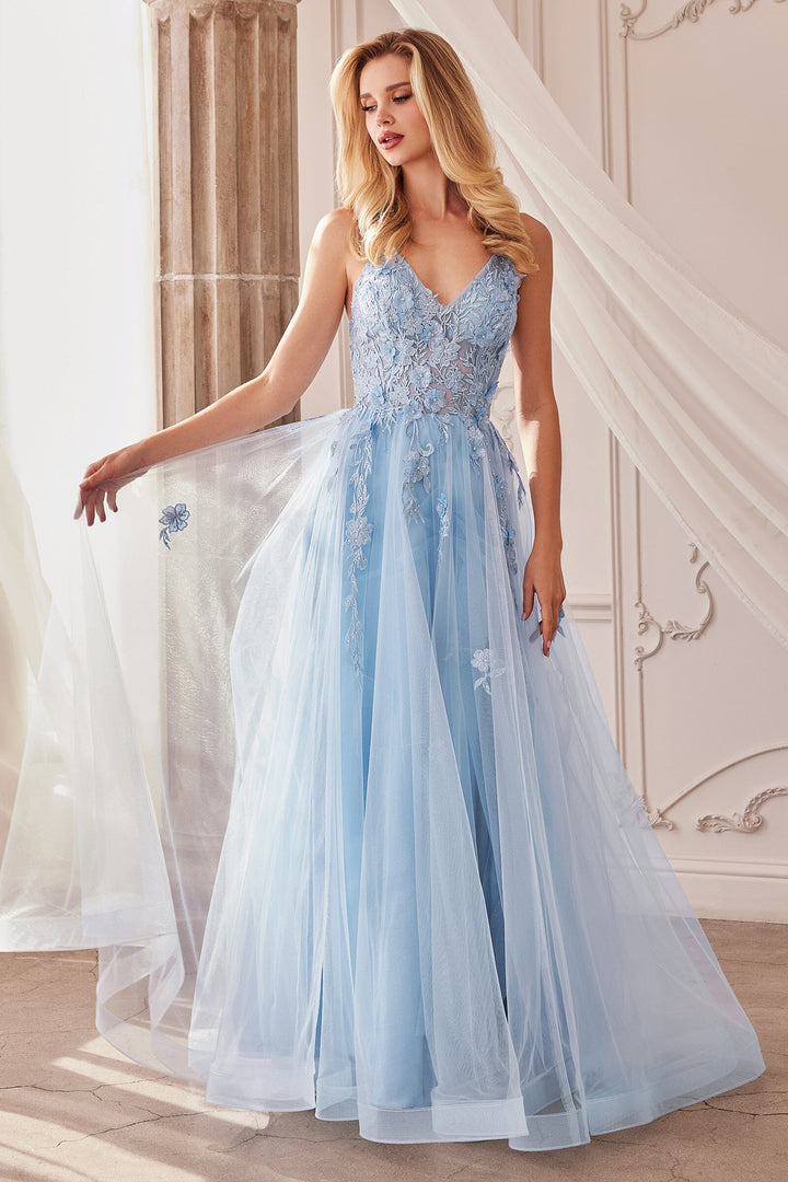 Lumidress 3D Floral Applique V-Neck A-Line Tulle Slit Gown