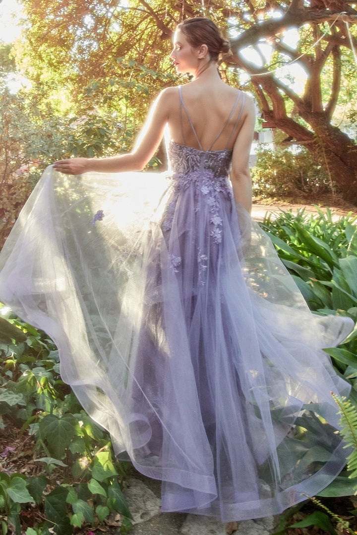Lumidress 3D Floral Applique V-Neck A-Line Tulle Slit Gown