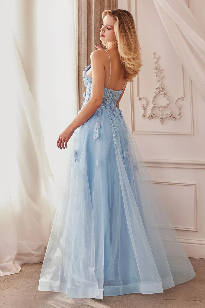 Lumidress 3D Floral Applique V-Neck A-Line Tulle Slit Gown