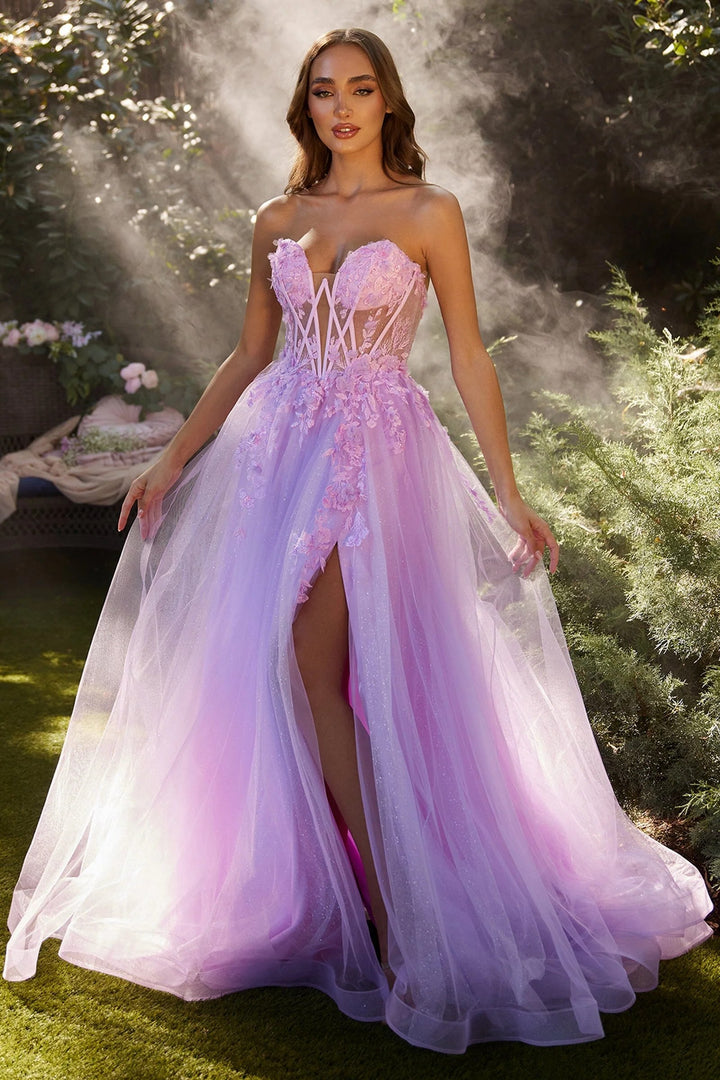 Lumidress Off Shoulder Floral Applique Corset Gown Long Slit Pageant Dress
