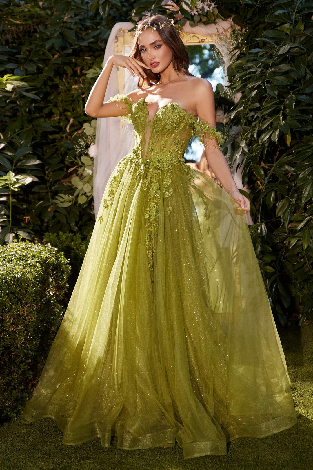 Lumidress Off Shoulder Floral Applique Corset Gown Long Slit Pageant Dress