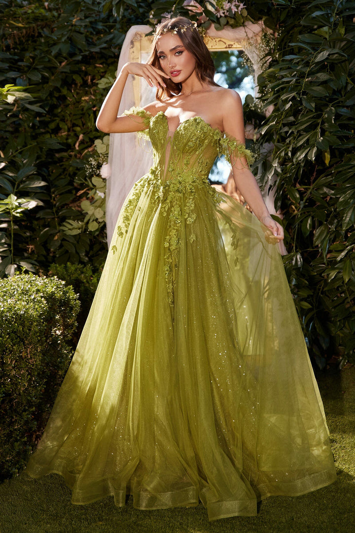 Lumidress Off Shoulder Floral Applique Corset Gown Long Slit Pageant Dress