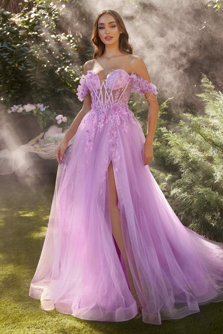 Lumidress Off Shoulder Floral Applique Corset Gown Long Slit Pageant Dress