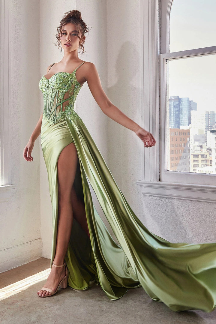 Lumidress Sage Green Satin Corset Gown with Appliqué and Slit