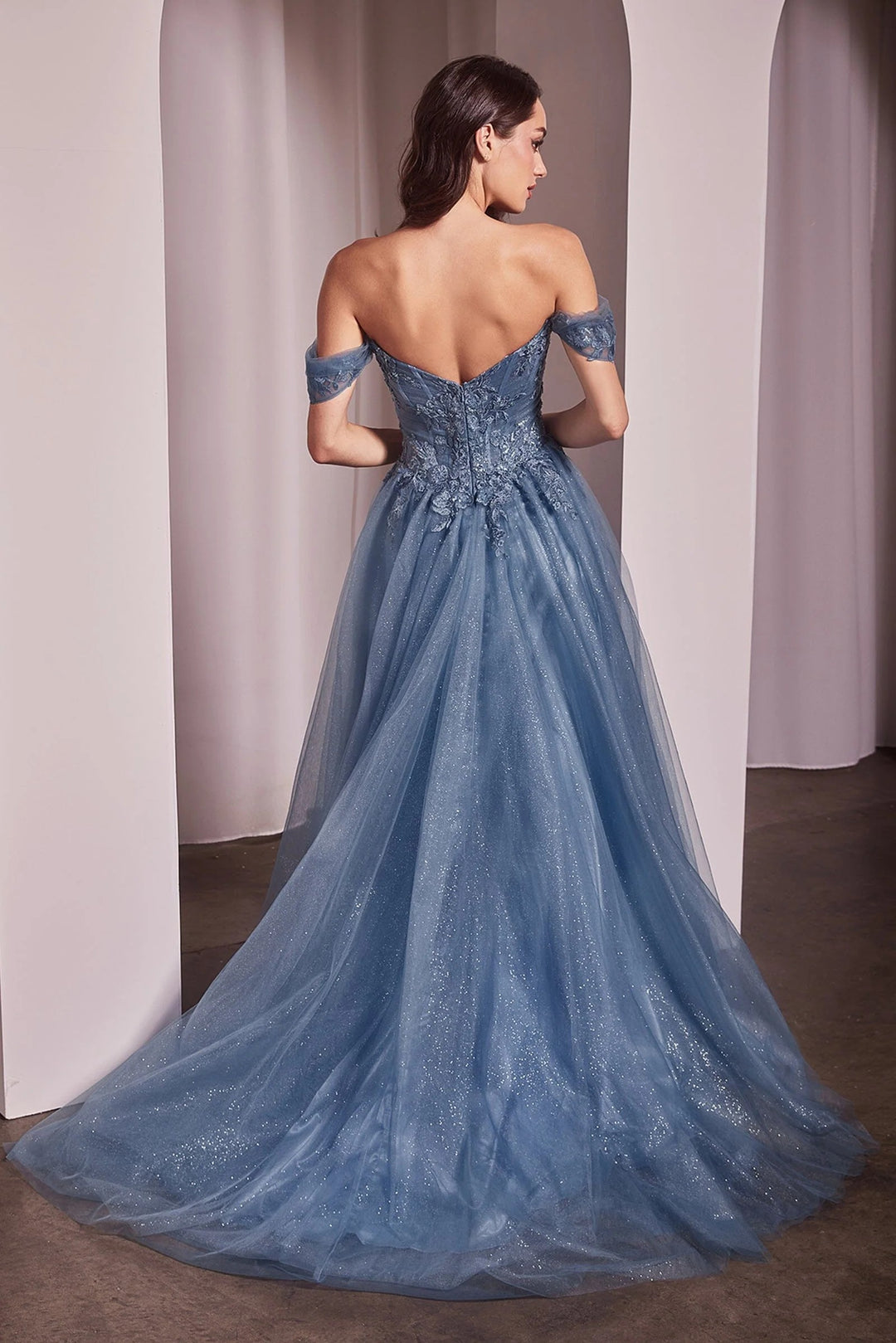 Lumidress Off Shoulder Lace Appliques Glitter Tulle A-Line Slit Gown