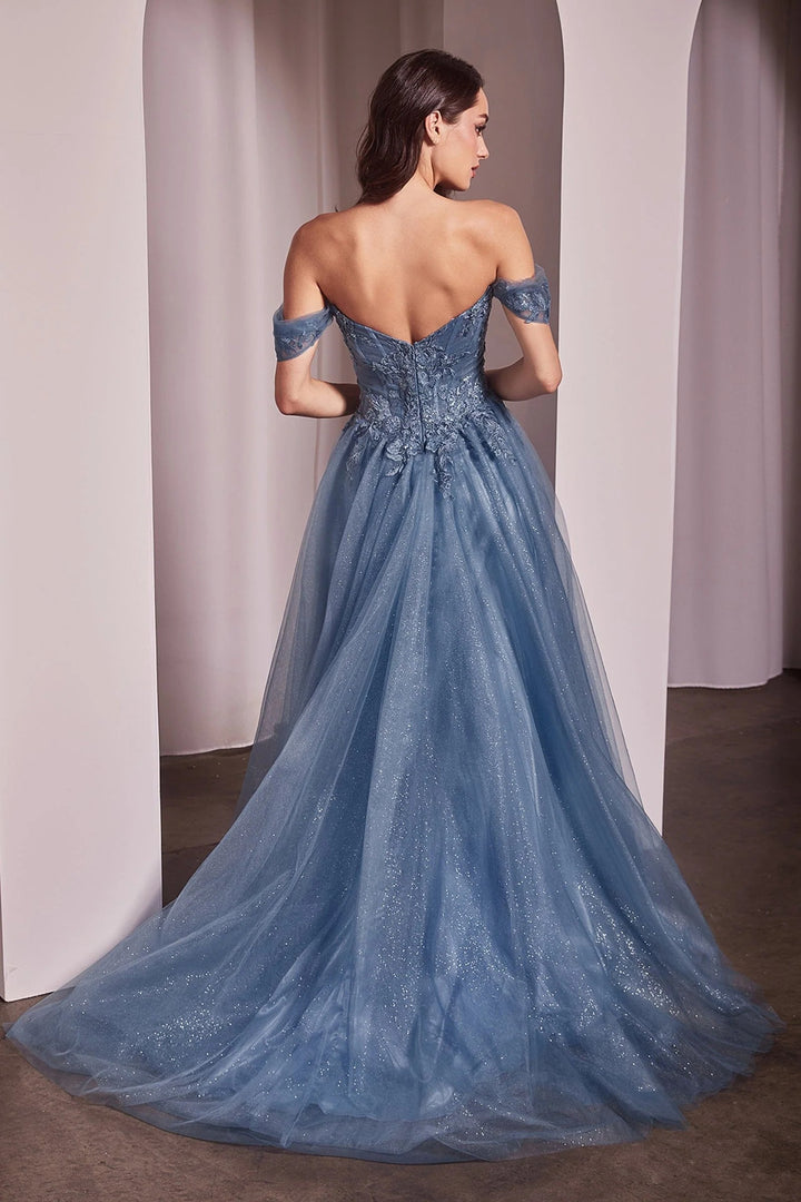 Lumidress Off Shoulder Lace Appliques Glitter Tulle A-Line Slit Gown