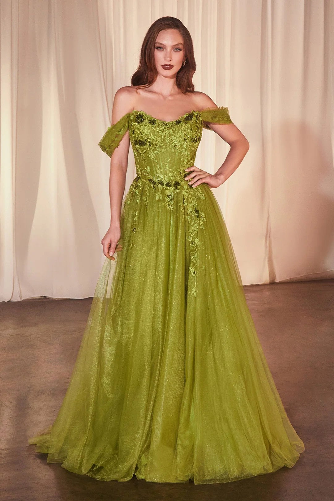 Lumidress Off Shoulder Lace Appliques Glitter Tulle A-Line Slit Gown