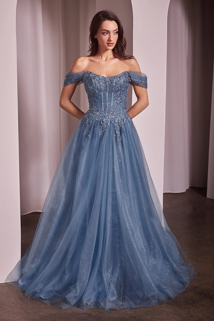Lumidress Off Shoulder Lace Appliques Glitter Tulle A-Line Slit Gown