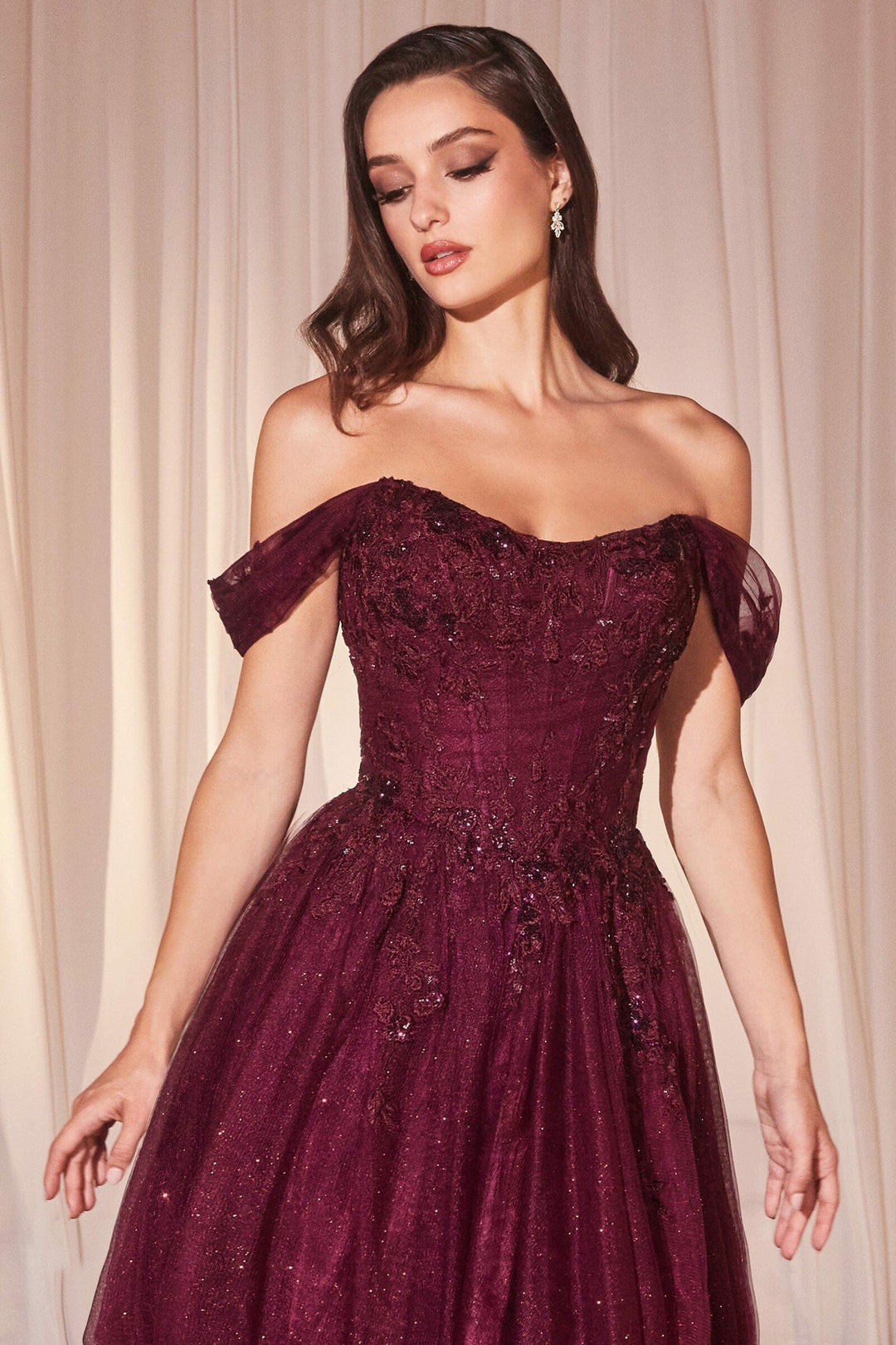 Lumidress Off Shoulder Lace Appliques Glitter Tulle A-Line Slit Gown