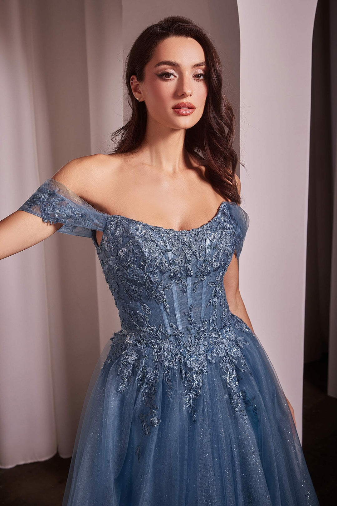 Lumidress Off Shoulder Lace Appliques Glitter Tulle A-Line Slit Gown