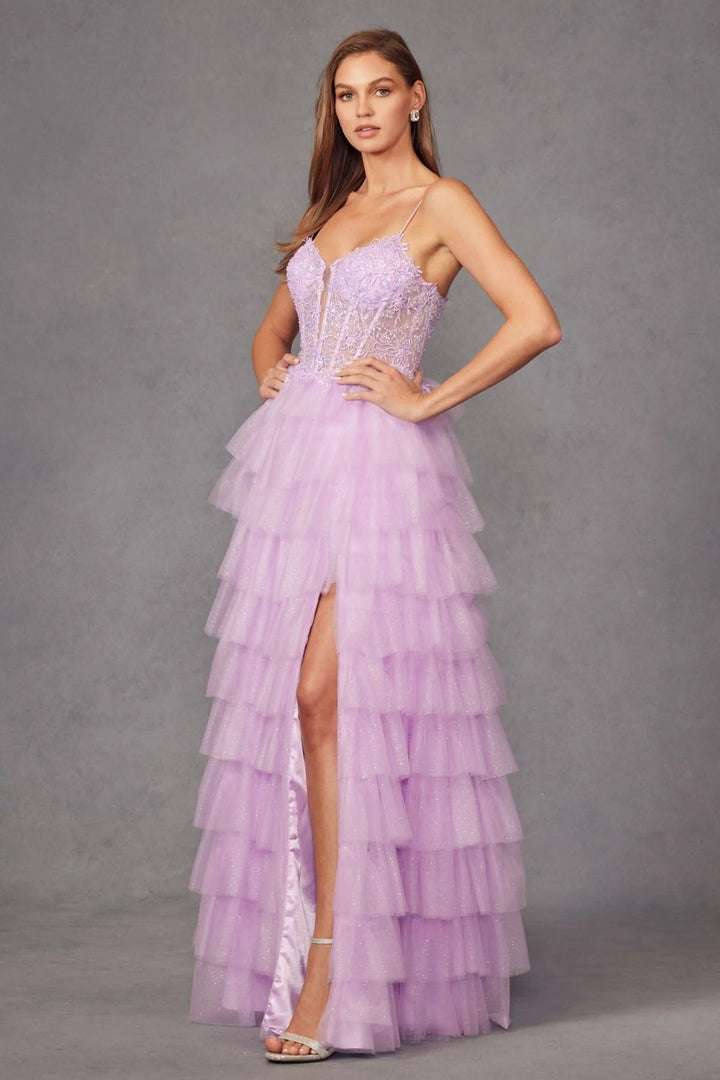 Lumidress Sleeveless Sweetheart Bustier Bodice A-Line Ruffled Tulle Slit Gown