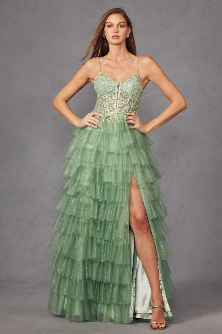 Lumidress Sleeveless Sweetheart Bustier Bodice A-Line Ruffled Tulle Slit Gown