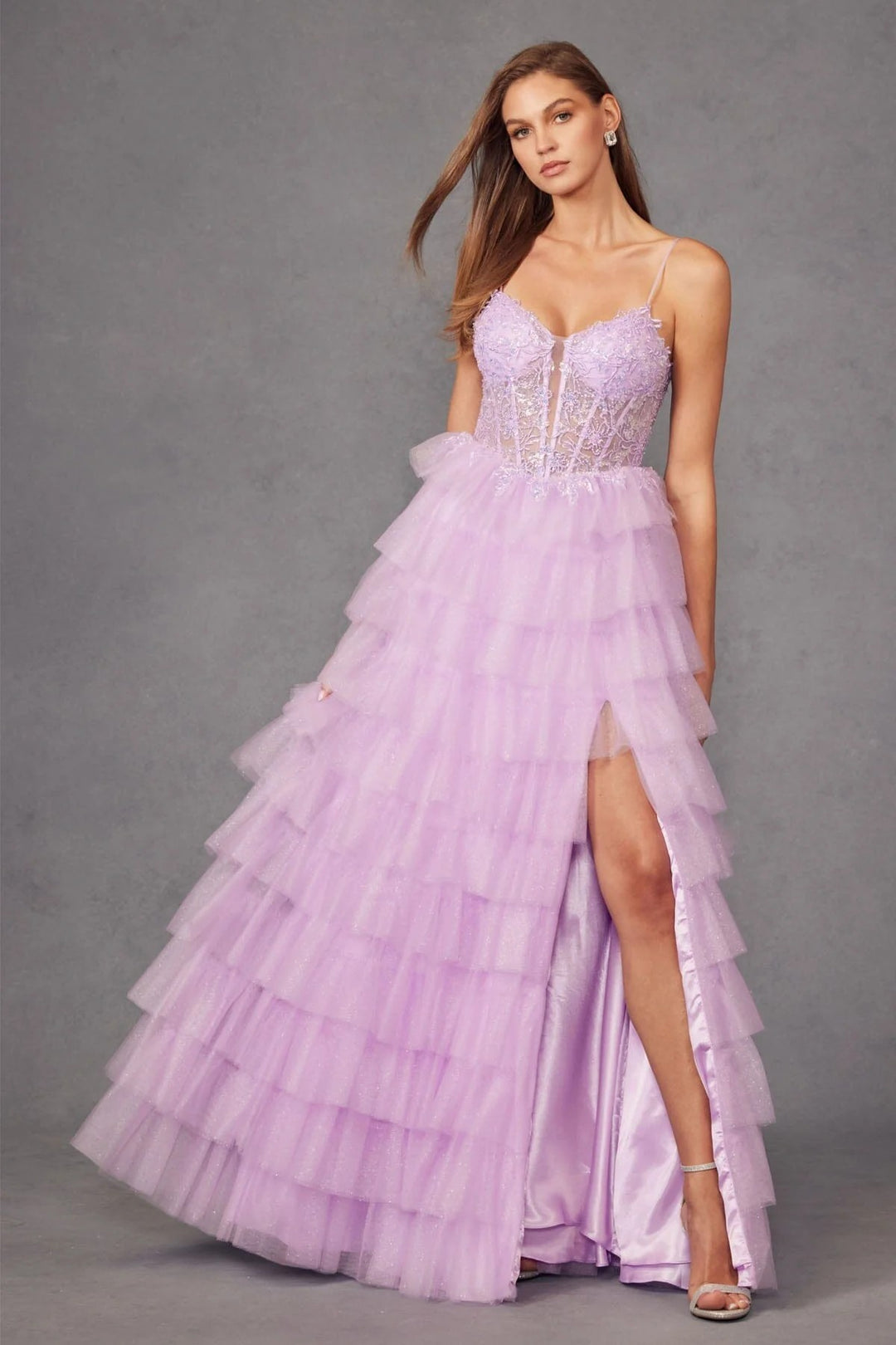 Lumidress Sleeveless Sweetheart Bustier Bodice A-Line Ruffled Tulle Slit Gown