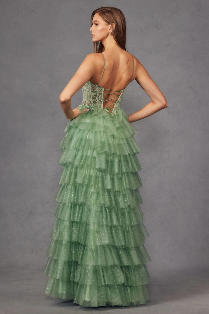 Lumidress Sleeveless Sweetheart Bustier Bodice A-Line Ruffled Tulle Slit Gown