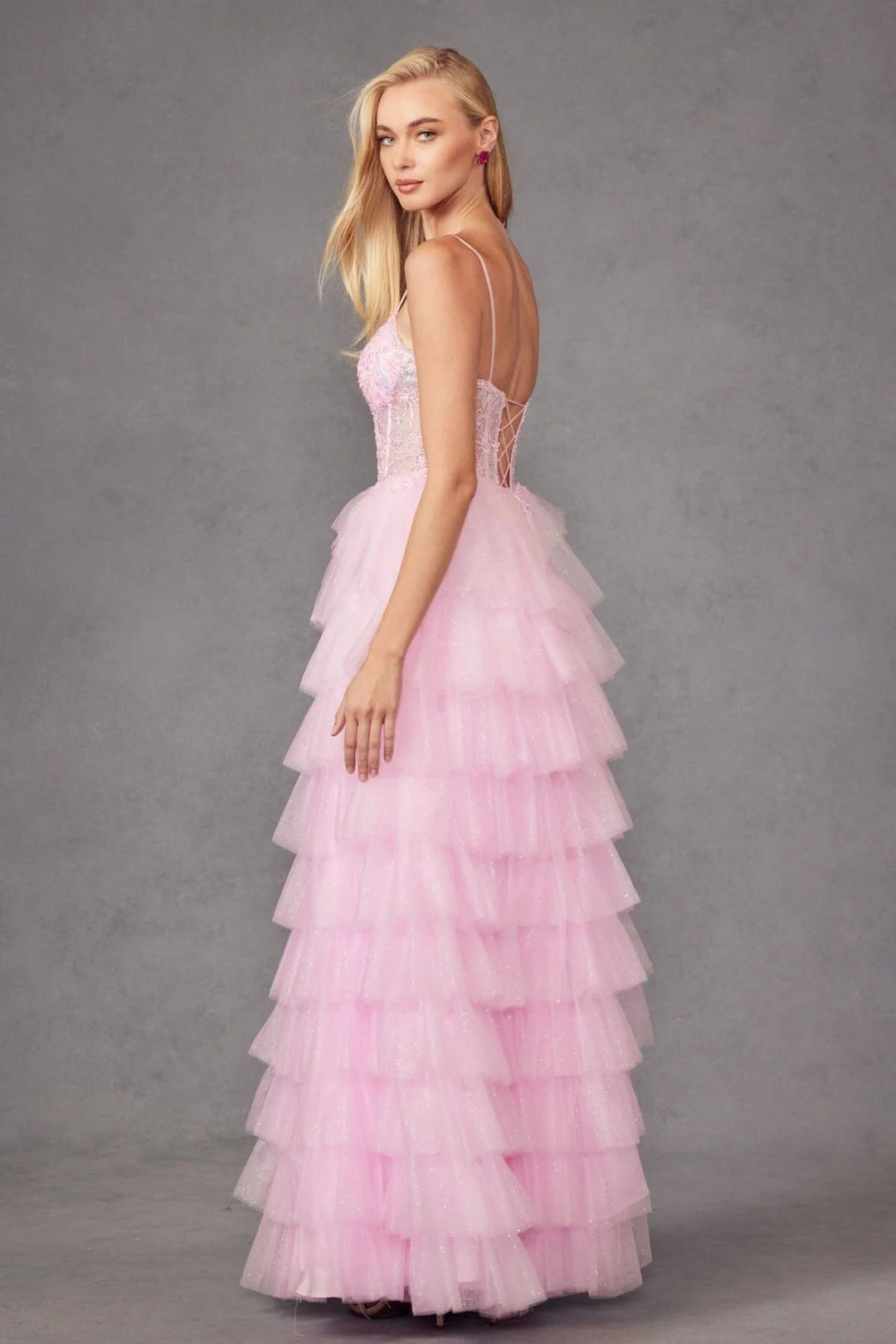 Lumidress Sleeveless Sweetheart Bustier Bodice A-Line Ruffled Tulle Slit Gown