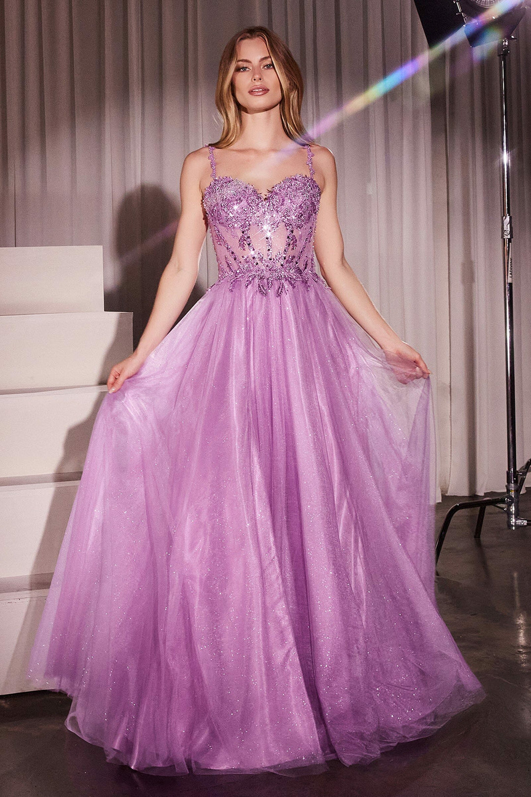Lumidress Lace Applique Sleeveless Glitter Tulle A-Line Slit Gown