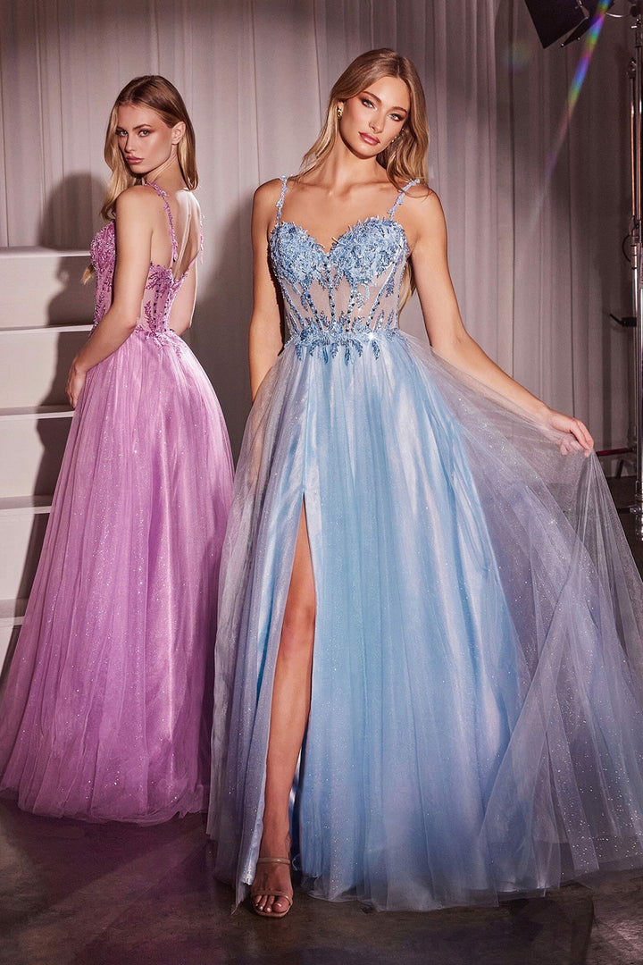 Lumidress Lace Applique Sleeveless Glitter Tulle A-Line Slit Gown