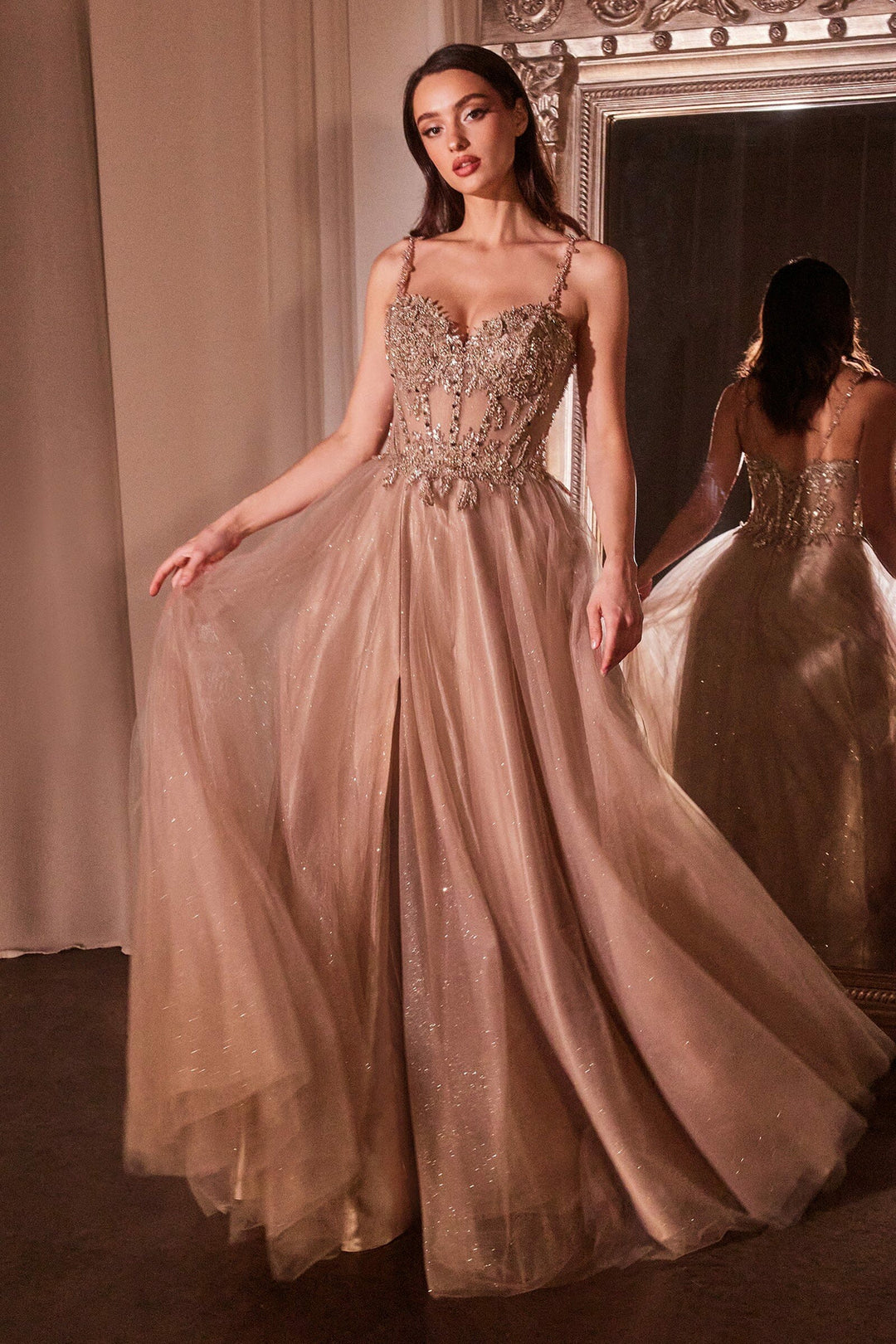 Lumidress Lace Applique Sleeveless Glitter Tulle A-Line Slit Gown