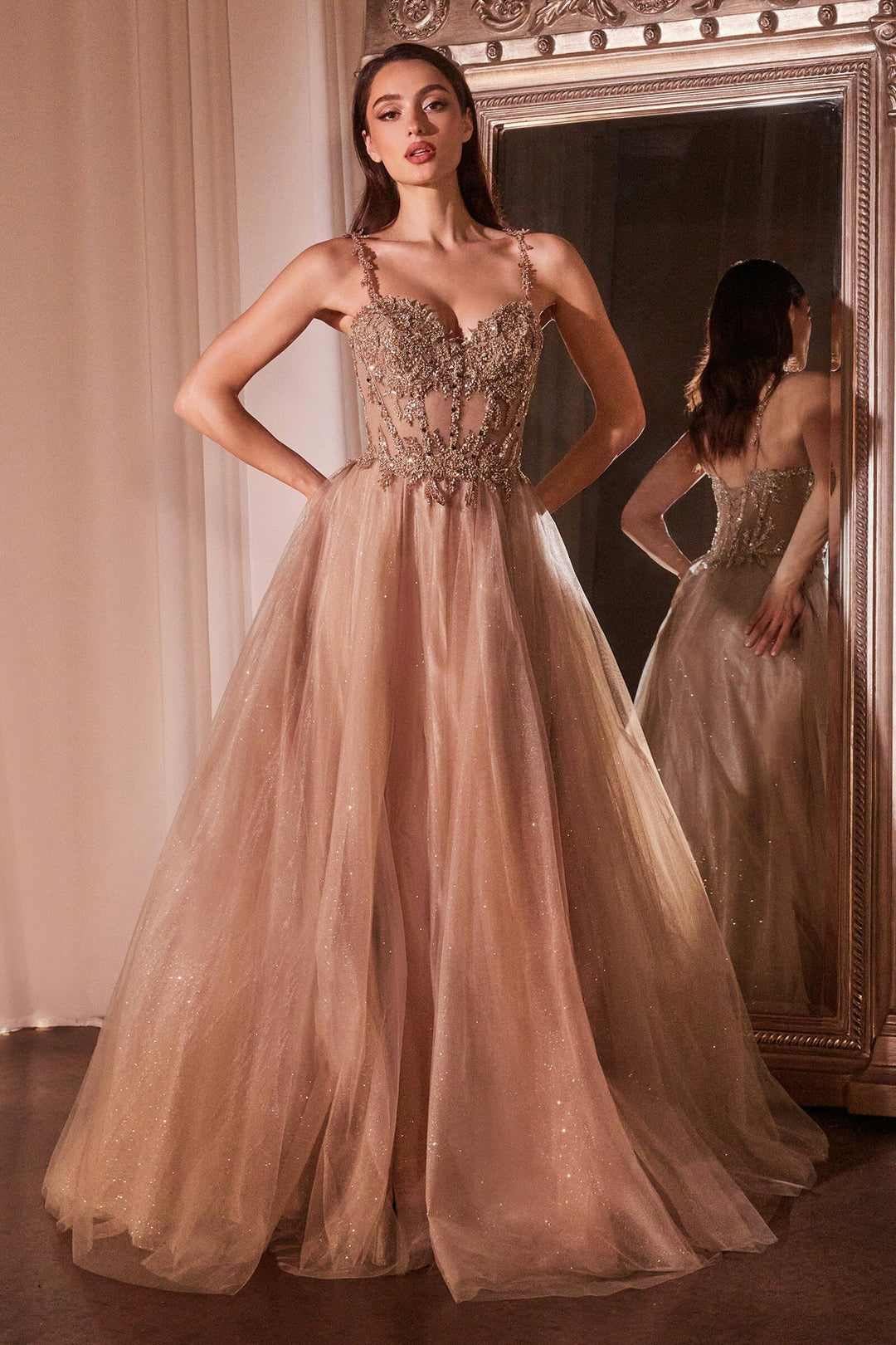 Lumidress Lace Applique Sleeveless Glitter Tulle A-Line Slit Gown
