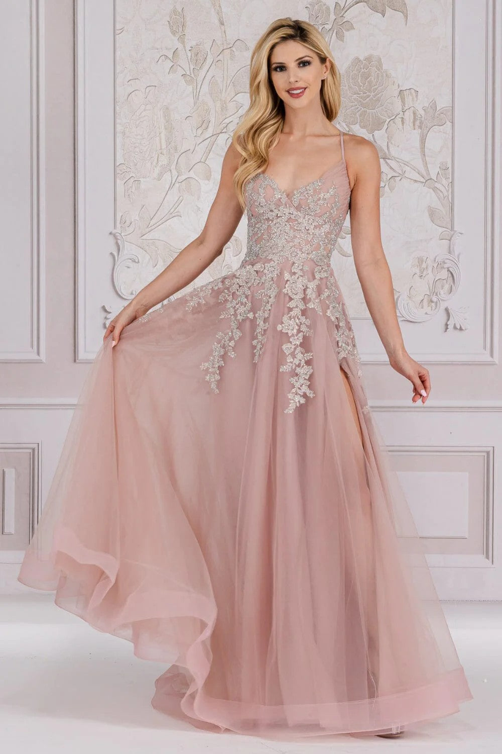 Lumidress Sleeveless V-Neck Lace Appliques A-Line Slit Gown
