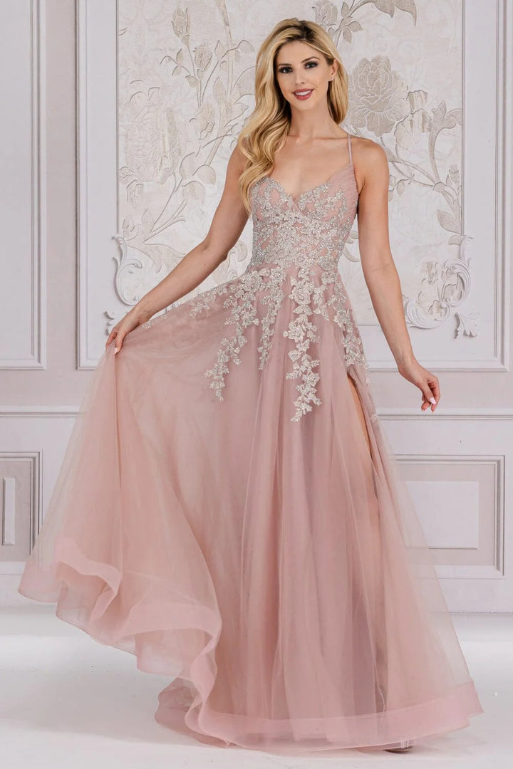 Lumidress Sleeveless V-Neck Lace Appliques A-Line Slit Gown