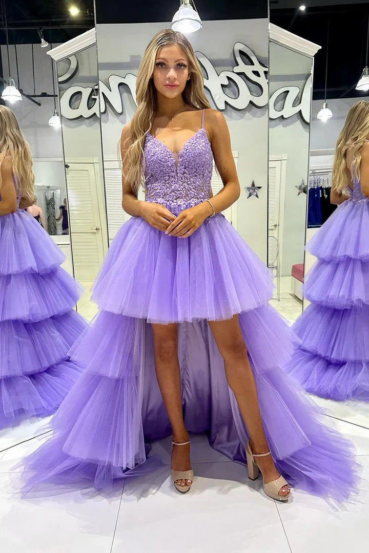 Lumidress Lavender High-Low Tiered Tulle Prom Dress with Lace Bodice