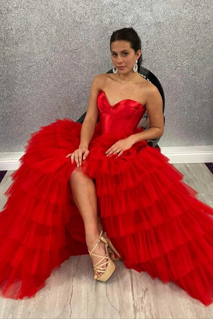 Lumidress Off-Shoulder Sweetheart Tiered Tulle Long Prom Dress with Slit