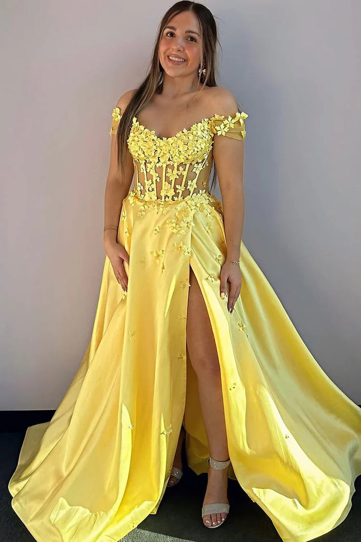 Lumidress Yellow Satin A-Line Off-the-Shoulder Prom Dress with 3D Floral Details