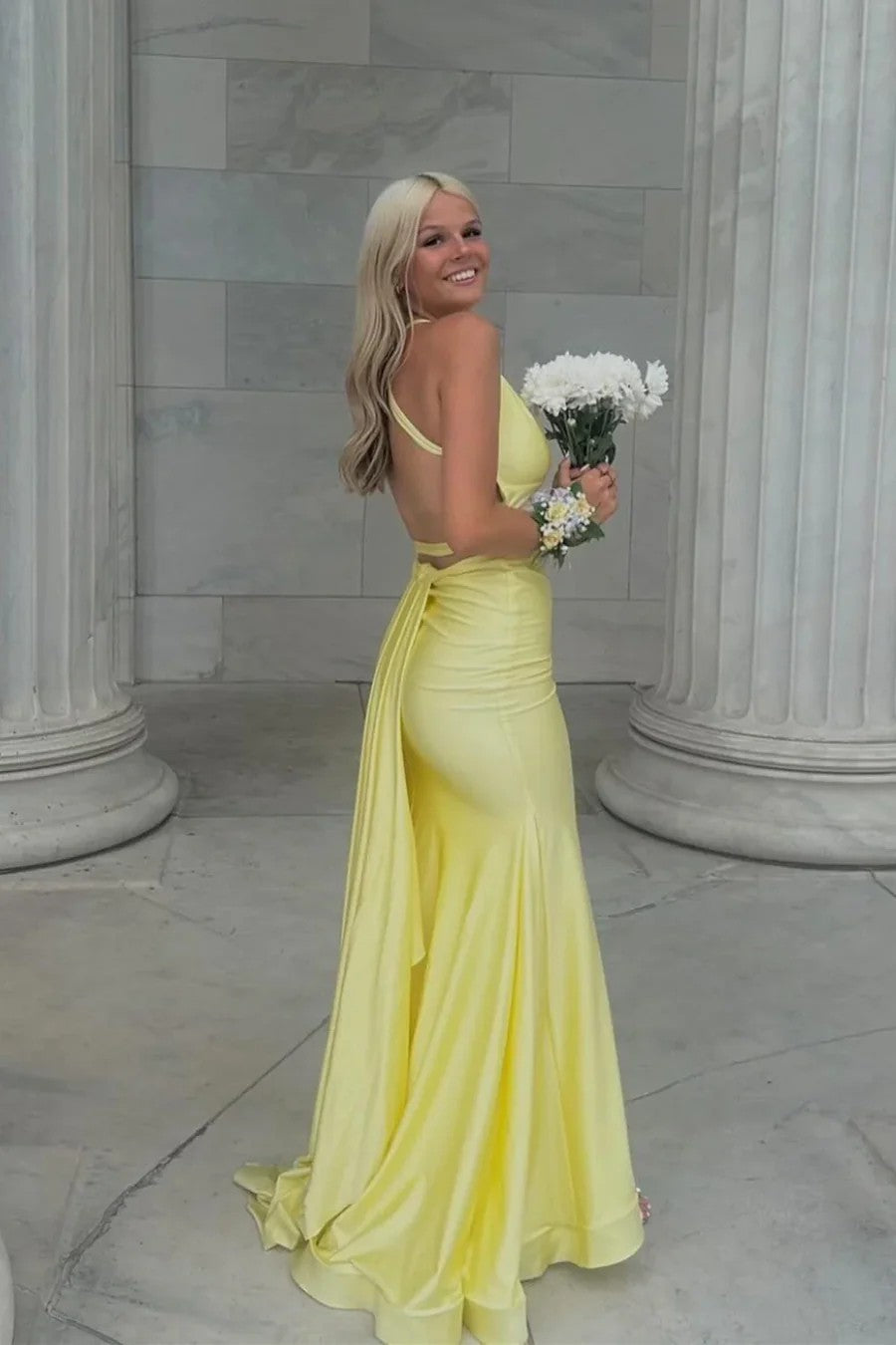 Lumidress Yellow Satin Sleeveless V-Neck Mermaid Prom Gown with Crisscross Back