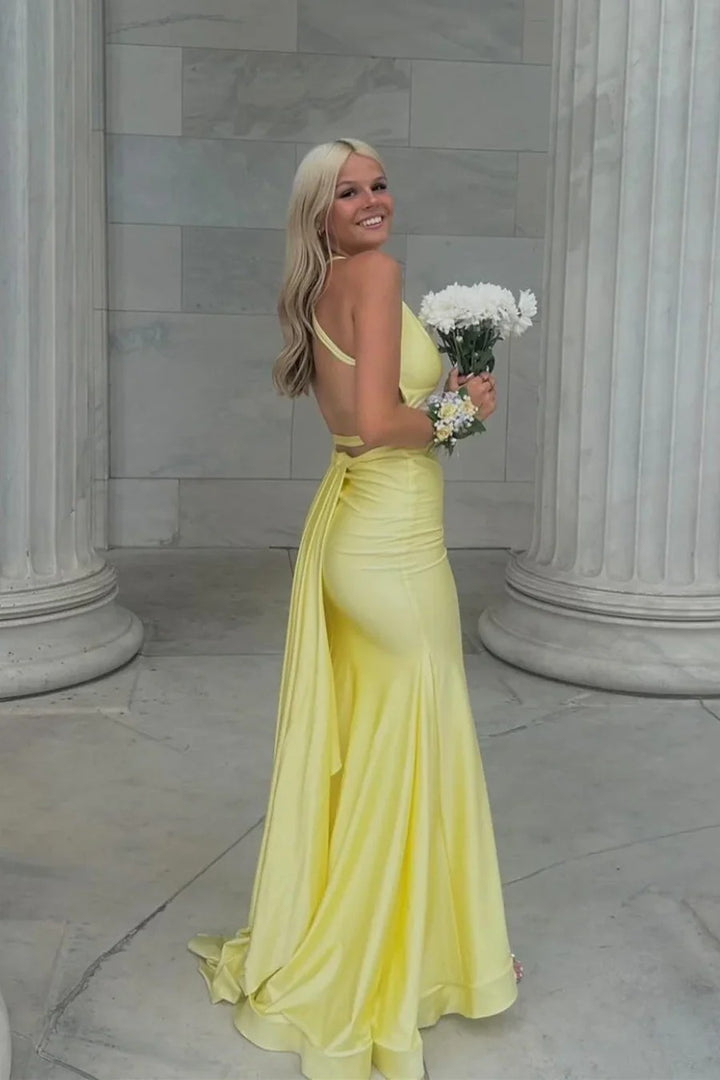 Lumidress Yellow Satin Sleeveless V-Neck Mermaid Prom Gown with Crisscross Back