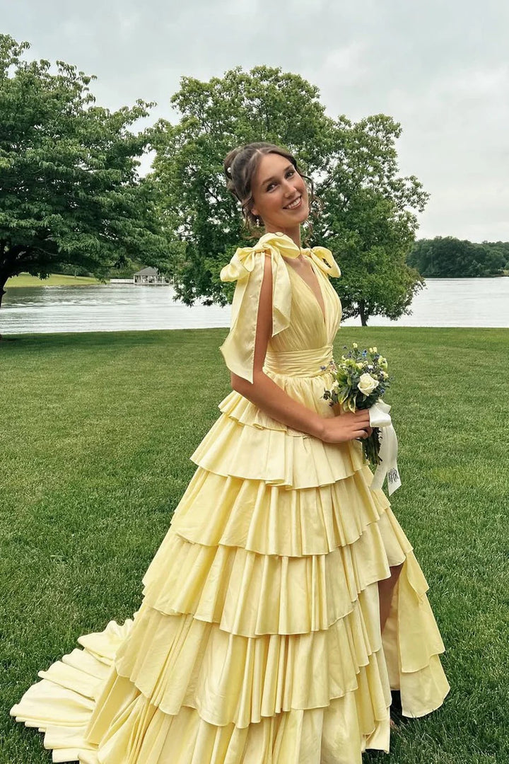 Lumidress Sunshine Yellow Tiered Ruffle A-Line Evening Gown with Bow-Tie Shoulders