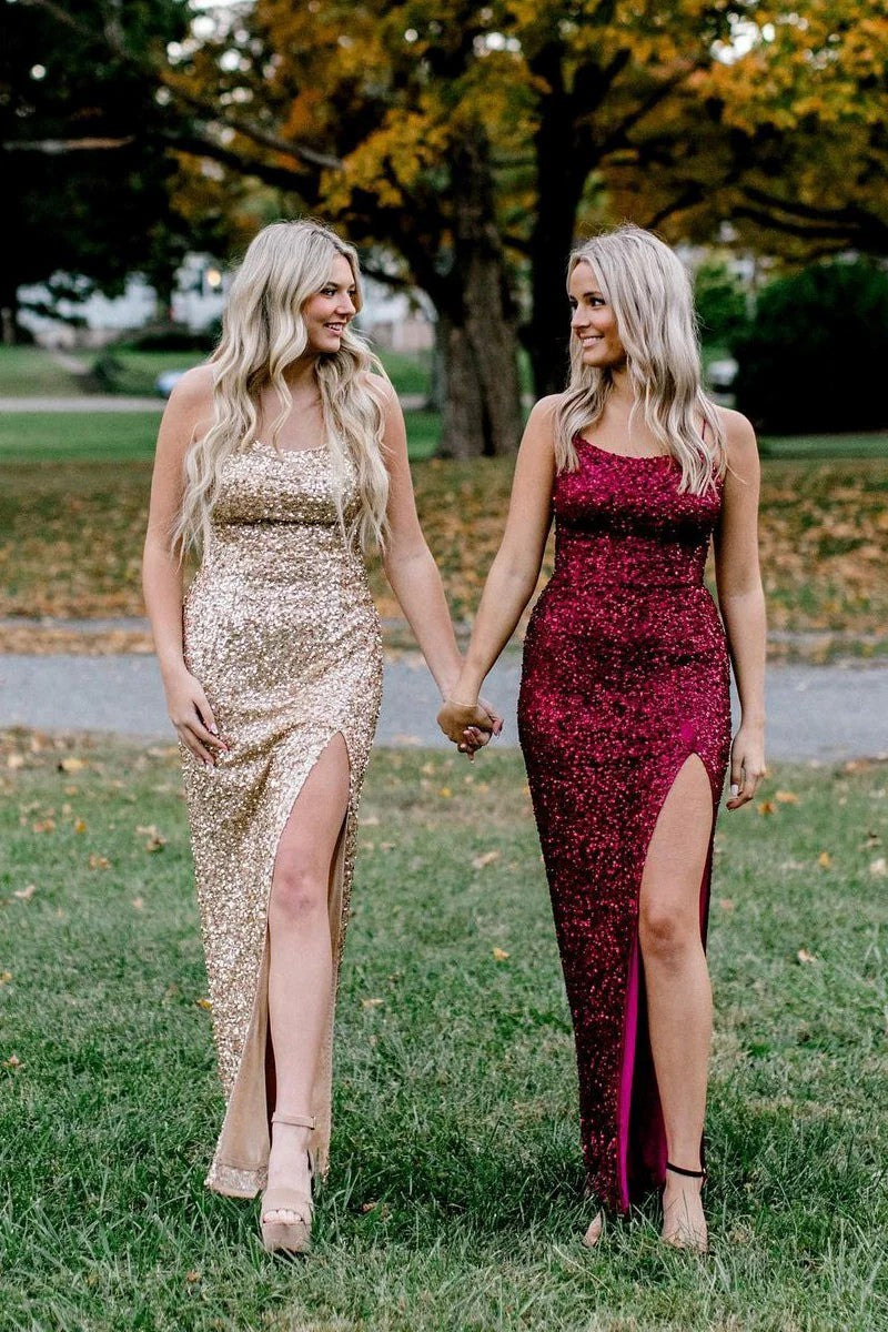 Lumidress Sequin Scoop Neck Mermaid Prom Dress with High Slit