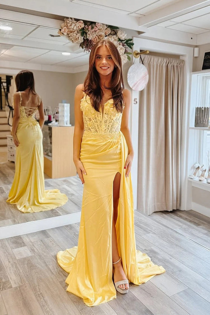 Lumidress Yellow Satin Mermaid Prom Dress with Sweetheart Neckline and Lace Appliqués