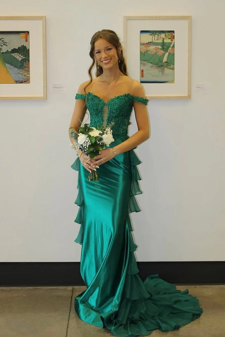 Lumidress Emerald Off-the-Shoulder Mermaid Prom Dress with Beaded Lace and Cascading Ruffles