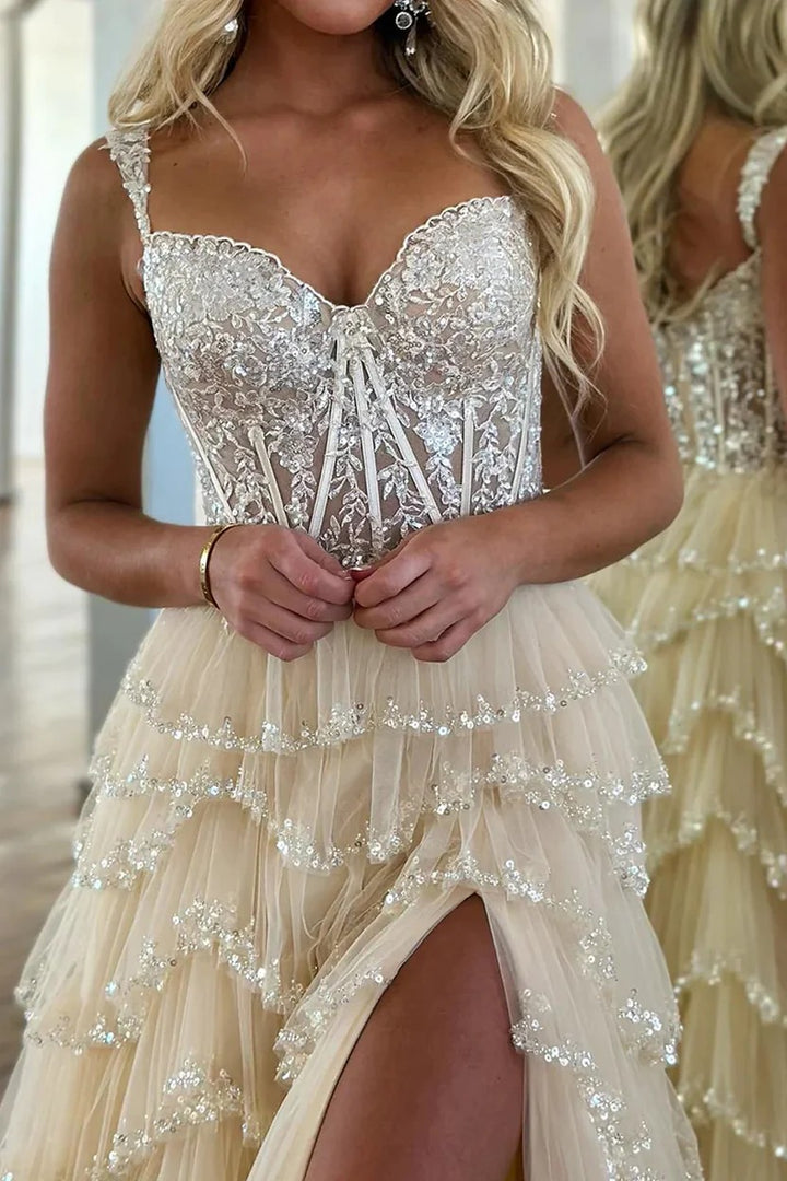 Lumidress Champagne Lace Corset Tiered Tulle Ball Gown with High Slit