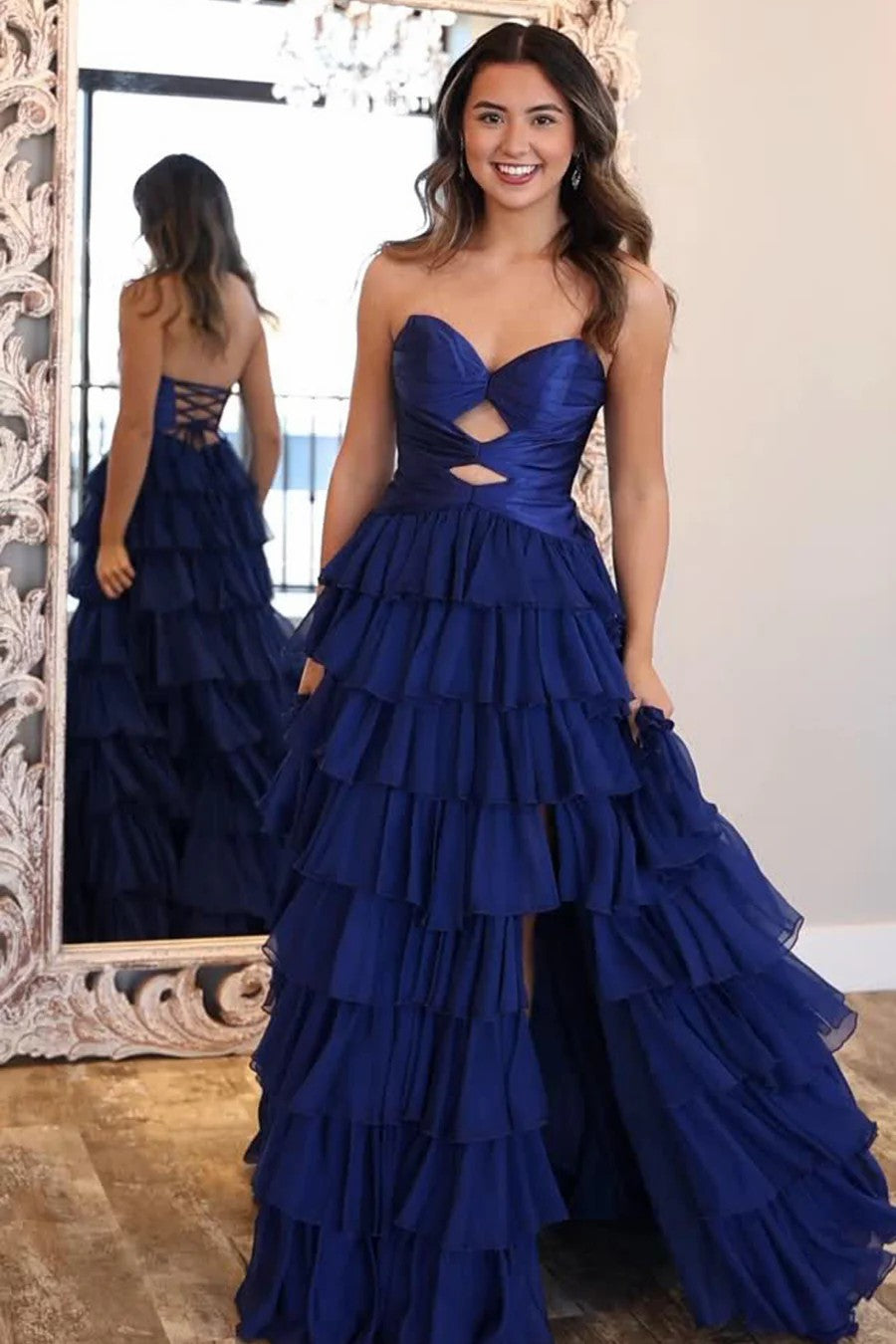 Lumidress Pink Chiffon A-Line Sweetheart Tiered Prom Dress with Side Slit