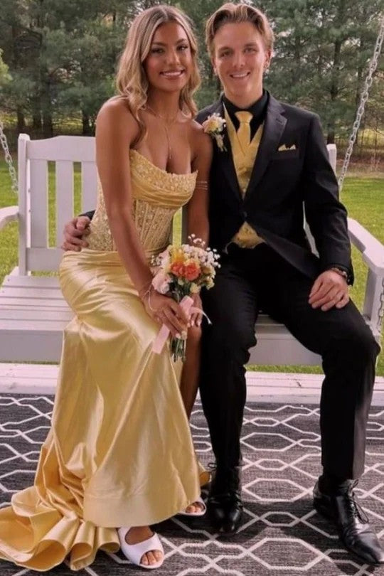 Lumidress Strapless Scoop Neck Pleated Mermaid Long Prom Dress with High Slit