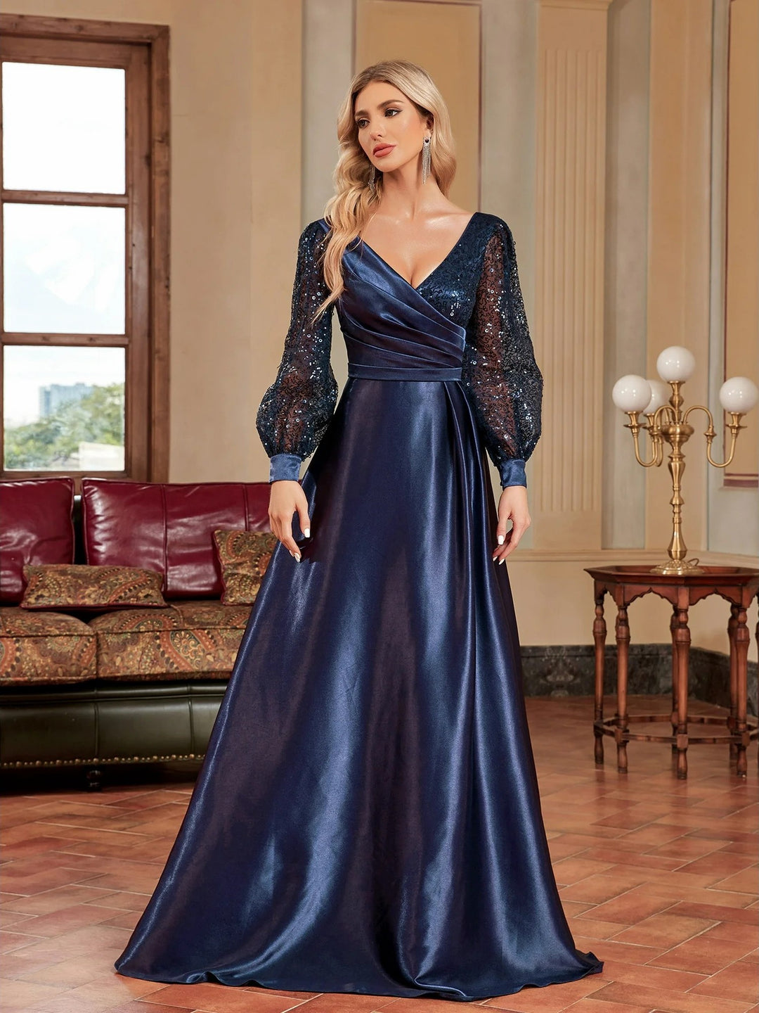 Lumidress Long Sleeve Sequin V-Neck Floor Length Evening Party Formal Dress